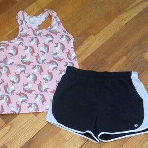 Unicorn Print Pink Tank Top and black shorts